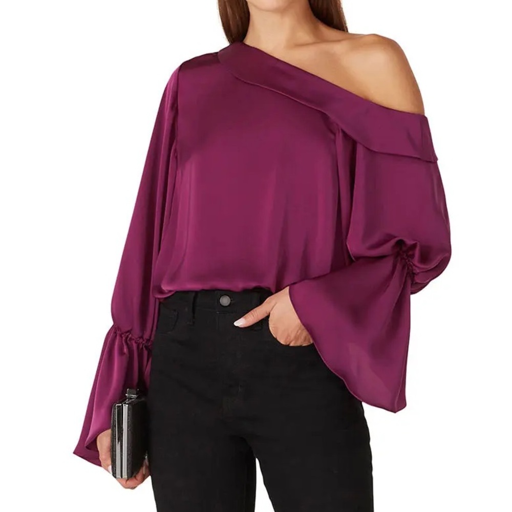 Ramy Brook Sammy blouse one shoulder Purple Asymmetrical Bell Sleeve shirt large